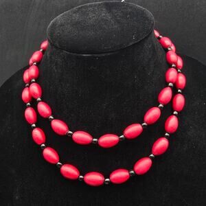 Red Wood Layered Beaded Necklace Vintage Costume Jewelry